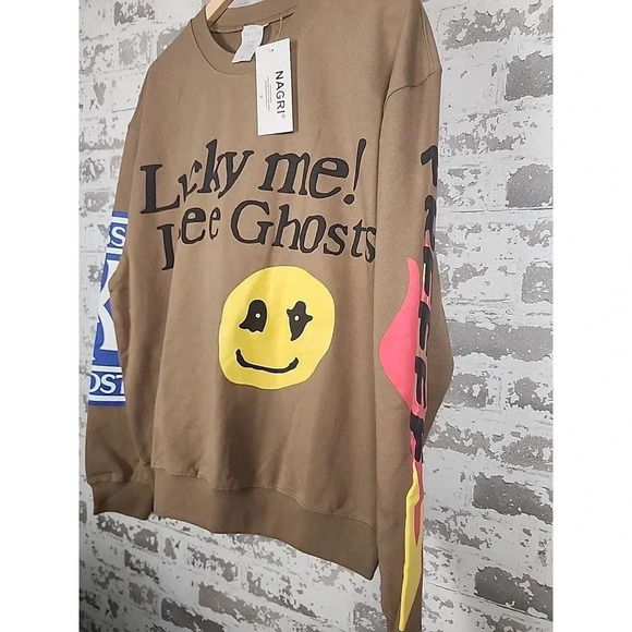 Lucky Me I See Ghosts Camp Flog Gnaw Kanye West Kid Cudi Tan Sweatshirt Size L - Picture 3 of 10